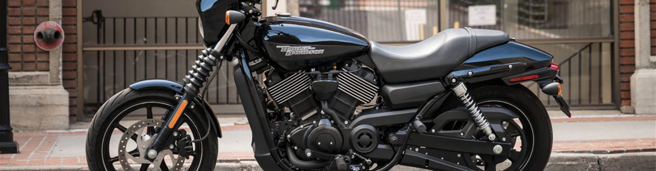 A close-up of a black Harley-Davidson motorcycle parked on a street curb.